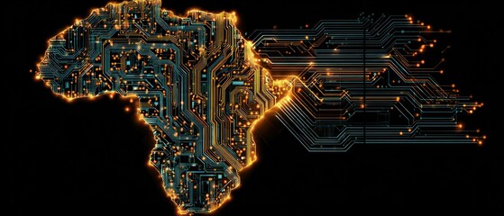 Circuit board map of africa depicting technology and digital connections