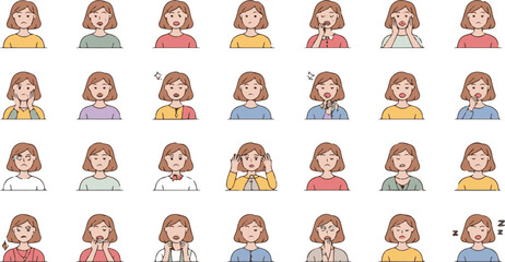 Collection of cartoon woman avatars displaying various surprised and shocked emotions isolated on white background