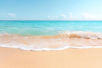 Serene Coastal Scene with Gentle Waves on Sandy Beach Under Clear Blue Sky