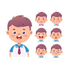Set of elements for creating boy character animation. Little schoolboy with different emotions, gestures and poses. Arms, legs and other body parts construction. Cartoon flat vector collection
