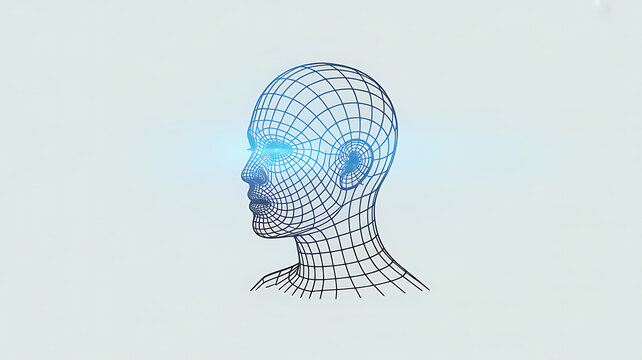 A wireframe head with glowing blue eyes isolated on white background, representing artificial intelligence and the digital world, showcasing innovation