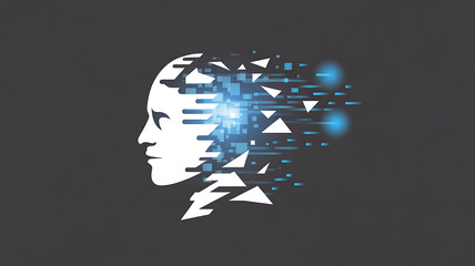 Artificial intelligence concept with a human head silhouette disintegrating into digital data, representing the fusion of human intellect and technology