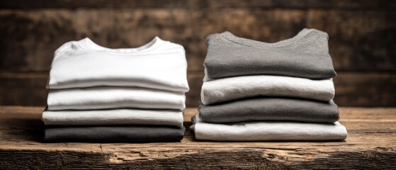 Stacked folded shirts in various shades on a wooden surface fashion concept