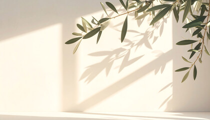 オリーブの木の葉が柔らかな光と影の中で揺れる静謐でミニマルな雰囲気の構図