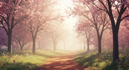 Fototapeta premium Path through a dreamy cherry blossom forest in spring
