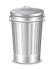 A cylindrical metal trash can with a lid, isolated on white