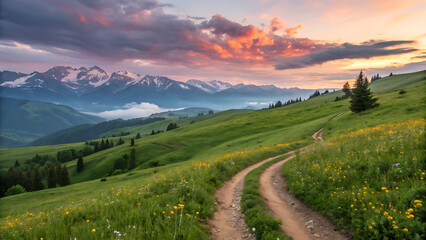 A winding dirt road leads through a vibrant green meadow towards majestic snowcapped mountains under a dramatic sunset sky in the alps