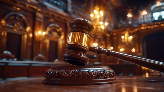 Gavel and sounding block in old-style courthouse interior