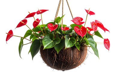Vibrant red anthurium flowers and lush green leaves in a hanging coconut shell pot