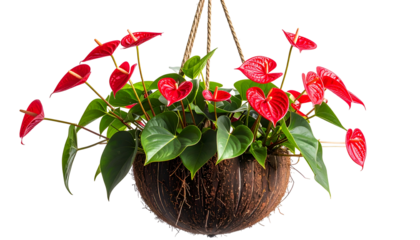 Vibrant red anthurium flowers and lush green leaves in a hanging coconut shell pot