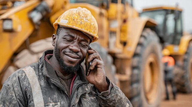 A Dedicated Construction Worker Communicates Amid Heavy Machinery, Showcasing Hard Work and Commitment on a Construction Site