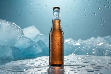 Cold Beer Bottle Surrounded by Ice and Water Droplets
