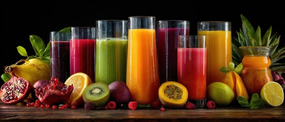 Fresh fruit juices in glasses with fruits composition and transparent background