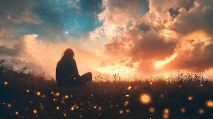 A lone figure sits on a grassy hill, gazing at a breathtaking sunset with a starry sky and a field of fireflies, creating a scene of tranquility and wonder.