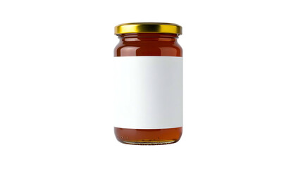 A glass jar filled with amber liquid, a golden lid, and a blank white label