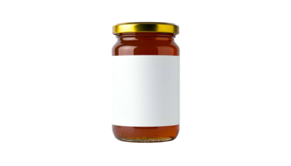 A glass jar filled with amber liquid, a golden lid, and a blank white label