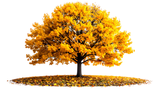 A vibrant, fully-leafed tree in autumn, with rich golden foliage and dark trunk on black