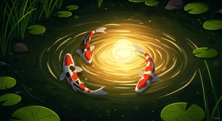 Obraz premium Three koi fish swimming in a sunlit pond