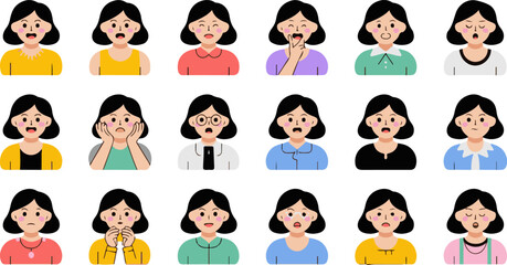 Collection of cartoon women displaying diverse emotions and expressions isolated on white background