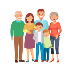 Big happy family of three generations. Grandparents, parents and children standing together smiling. Multigenerational family group portrait vector illustration isolated on white. See Less