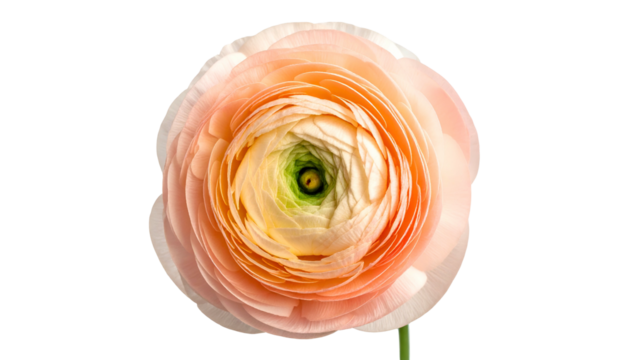 Top-down studio shot of a single, layered flower, light peach and cream petals, dark center