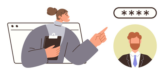 Woman holding clipboard pointing at password field and user profile image. Ideal for login, user authentication, security, privacy, user management, internet access, simple flat metaphor