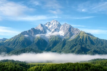 Fototapeta premium Majestic Snow-Capped Mountain Surrounded by Lush Green Forest and Misty Valley Landscape