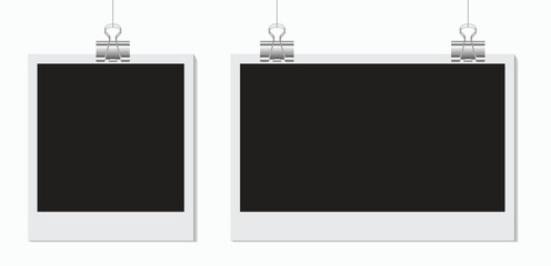 Realistic polaroid frame mockup with shiny metallic binder clips featuring blank vertical and horizontal templates for a highly-detailed, clean, modern presentation.