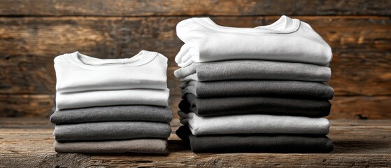 Stacked folded shirts in various grayscale tones on a wooden surface