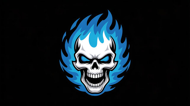 A flaming skull burns with intense blue fire, a symbol of eternal rage and power, a haunting reminder of mortality and the afterlifes mysteries