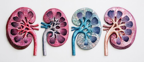 Anatomical kidney illustrations showing the organs structure with a transparent background