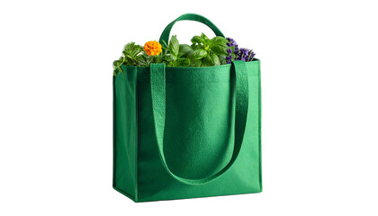 A green reusable bag brimming with vibrant green and colorful herbs, isolated on black