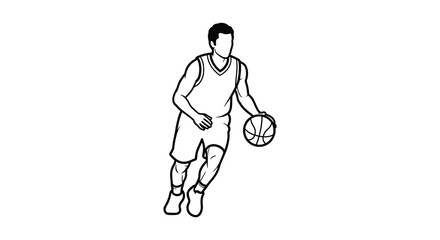 Sketch of a male basketball player dribbling the ball with one hand while running on a white background