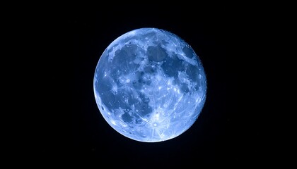 A luminous, detailed celestial orb illuminated in a vibrant blue hue against black