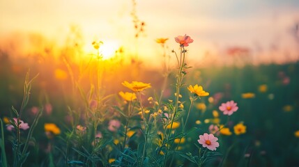 Fototapeta premium A field of wildflowers basking in the warm glow of a sunset.