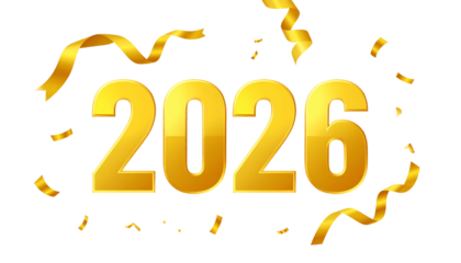 Golden numerals "2026" on a black background, with gold ribbons and confetti