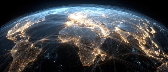 Global network connections with city lights and transport lines on earth