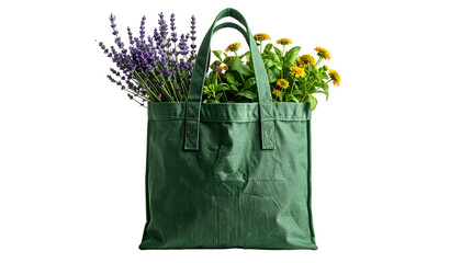 Green tote bag overflows with vibrant lavender, green leaves, and yellow flowers, black background
