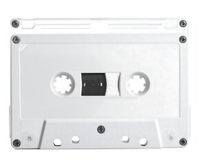 A close-up view of a white, vintage, audio cassette tape
