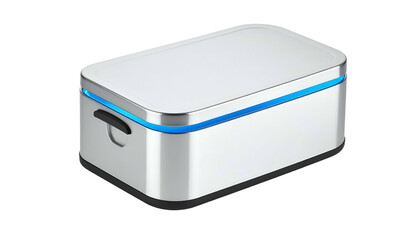 Sleek, metallic device with rounded corners, blue light accents, and a handle on a dark background