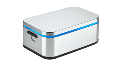 Sleek, metallic device with rounded corners, blue light accents, and a handle on a dark background