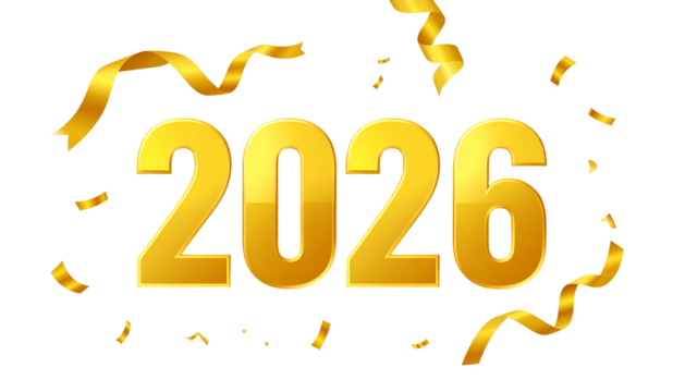 Golden numerals "2026" on a black background, with gold ribbons and confetti