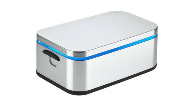 Sleek, metallic device with rounded corners, blue light accents, and a handle on a dark background