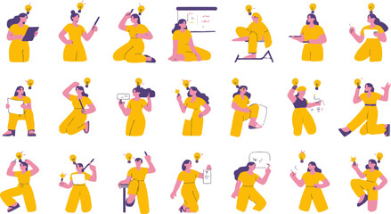 Collection of diverse cartoon women in yellow outfits performing various actions isolated on white background