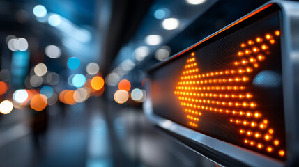 A glowing orange LED arrow sign in the city, contrasting with the blurred city streets, filled with colorful bokeh lights at night, conveys direction, movement, and life in the modern city.