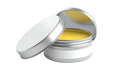 A small, silver tin with an open lid reveals a yellow, creamy substance against a black backdrop