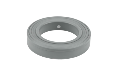 Gray circular object with concentric rings and a small sphere, isolated on black