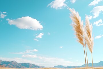 Gentle Pampas Grass Dancing Under a Blue Sky with Soft Clouds and Scenic Mountain Background