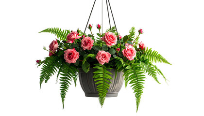 A hanging basket overflowing with vibrant pink roses and lush green ferns against a black background