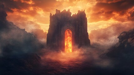 A fiery portal in a crumbling stone archway in a misty landscape with a dramatic sunset sky.